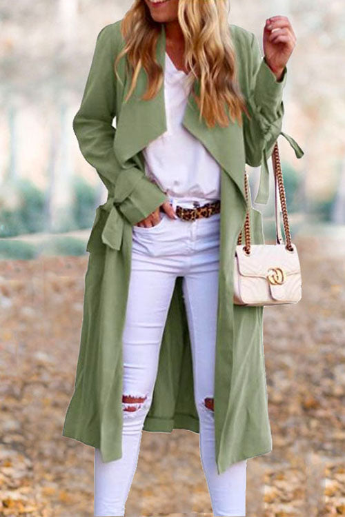 Priyavil Drap Front Tie Waist Solid Fall Midi Cardigan