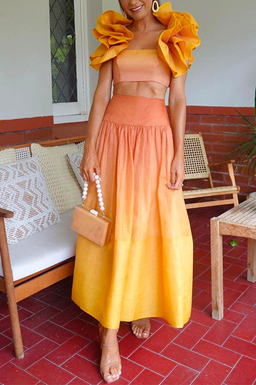Priyavil Gradient Ruffled Shoulder Crop Top High Waist A-line Skirt Set