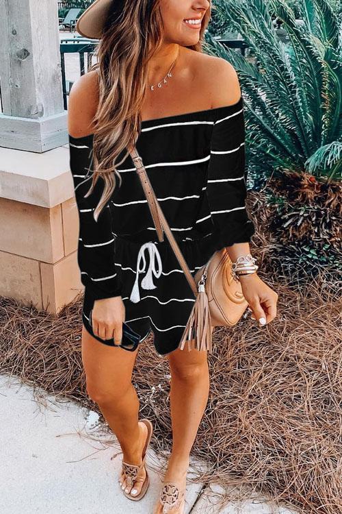 Priyavil off Shoulder Tie Waist Striped Romper