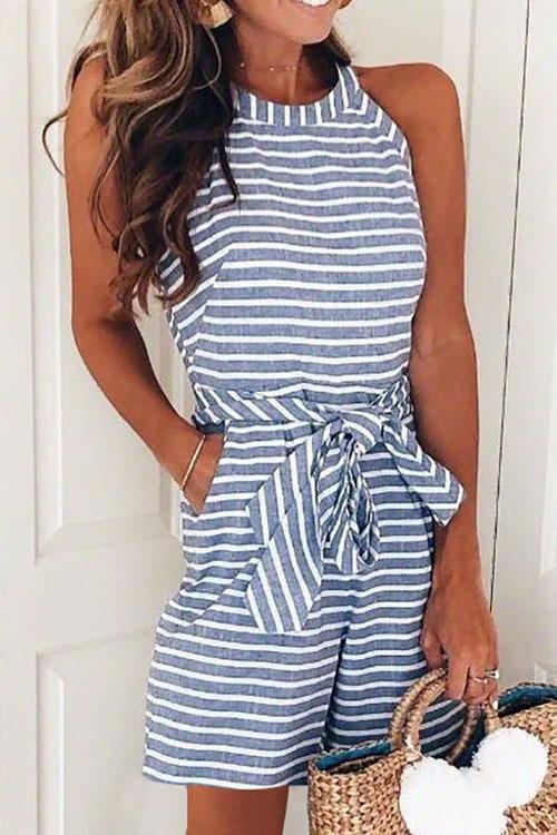 Priyavil Bow-knot Sleeveless Striped Romper
