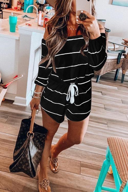 Priyavil off Shoulder Tie Waist Striped Romper