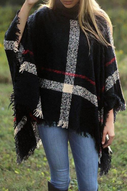 Priyavil Burberry Plaid Tassel Poncho Sweater