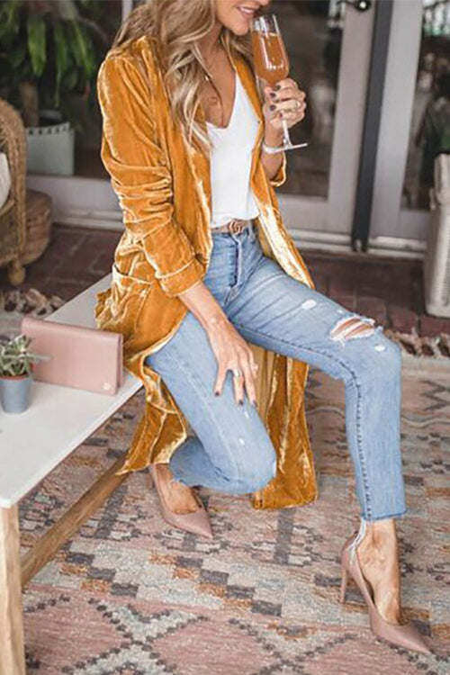 Priyavil Stylish Lapel Open Front Long Sleeve Velvet Coat