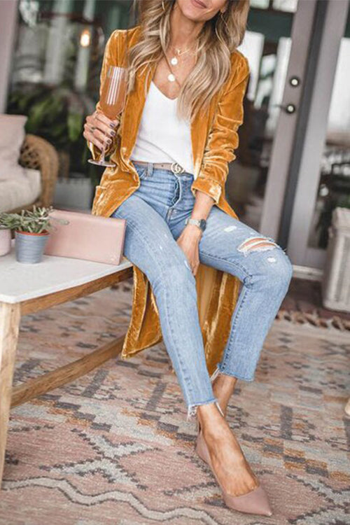 Priyavil Stylish Lapel Open Front Long Sleeve Velvet Coat