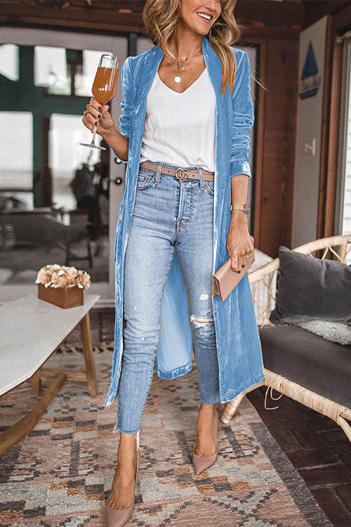 Priyavil Stylish Lapel Open Front Long Sleeve Velvet Coat