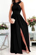 Priyavil Solid Halter Sleeveless Slit Maxi Swing Dress