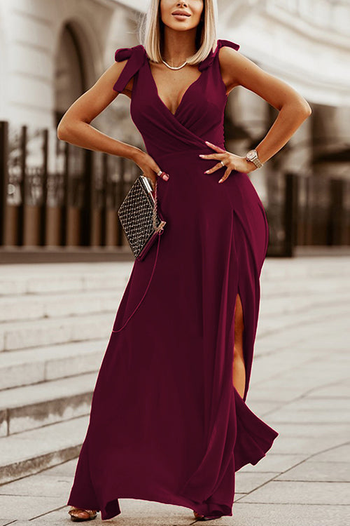 Priyavil Elegant Tie Shoulder High Split Swing Dress