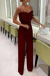 Priyavil Off Shoulder Feather Splice Belted Jumpsuit