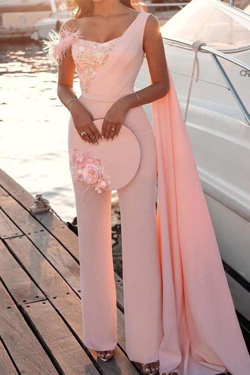 Priyavil One Shoulder Sleeveless Sequin Splice High Waist Jumpsuit