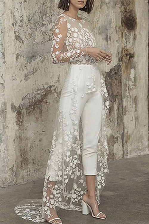 Priyavil False two pieces Perspective Lace Splice Jumpsuit