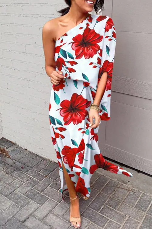 Priyavil One Shoulder Waisted Side Split Printed Dress