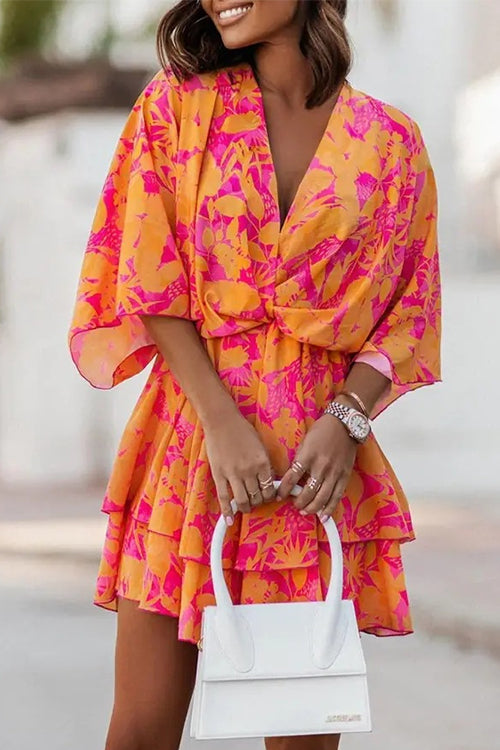 Priyavil V Neck Batwing Sleeve Waisted Printed Layered Dress