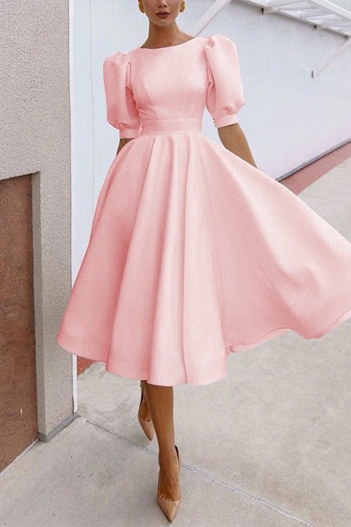 Priyavil Solid Crewneck Lantern Sleeve Swing Dress