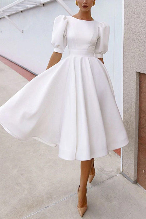 Priyavil Solid Crewneck Lantern Sleeve Swing Dress