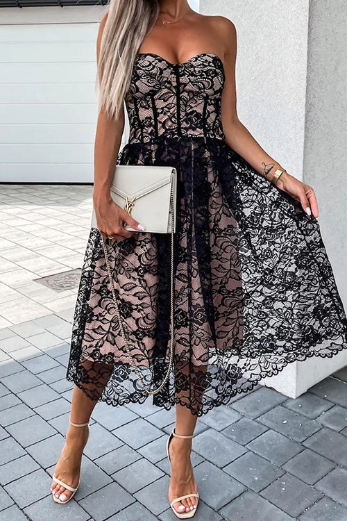Priyavil Off Shoulder Sleeveless Waisted Lace Swing Dress
