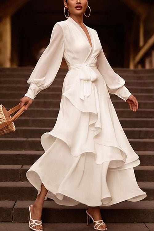 Priyavil Deep V Neck Long Sleeve Tie Waist Ruffle Dress