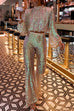 Priyavil Mockneck Lantern Sleeve Sequin Crop Top
