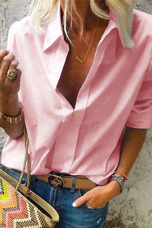 Priyavil Solid V Neck Long Sleeve Blouse Shirt