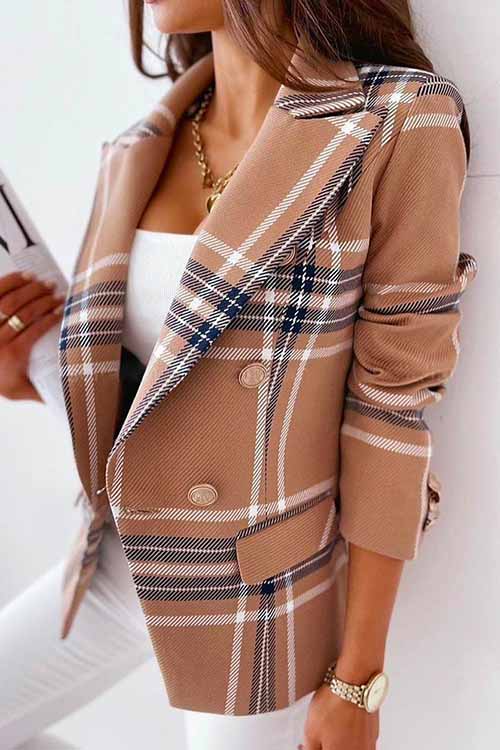 Priyavil Lapel Double Breasted Plaid Blazer with Pockets