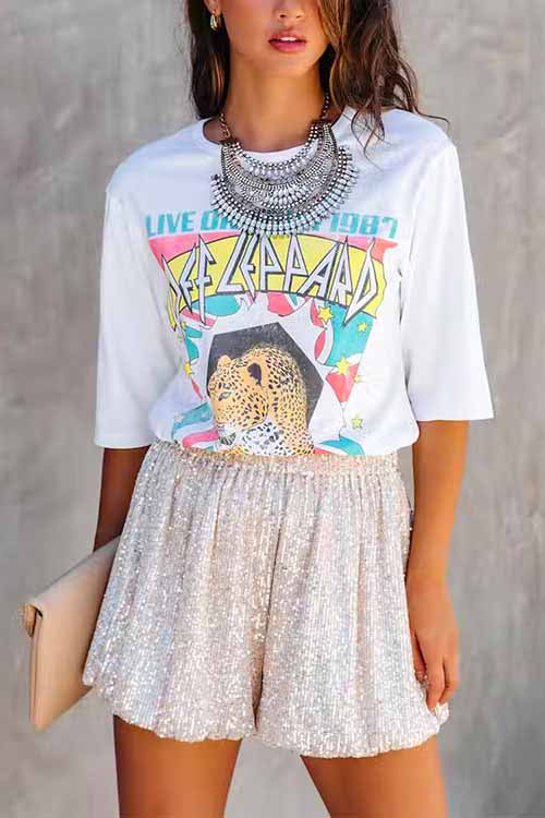 Priyavil Stylish Elastic Waist Ruched Sequin Shorts