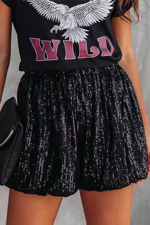 Priyavil Stylish Elastic Waist Ruched Sequin Shorts