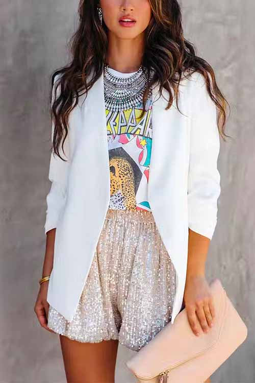 Priyavil Stylish Elastic Waist Ruched Sequin Shorts