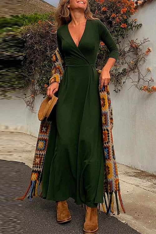 Priyavil Wrap V Neck Long Sleeve Waisted Swing Dress