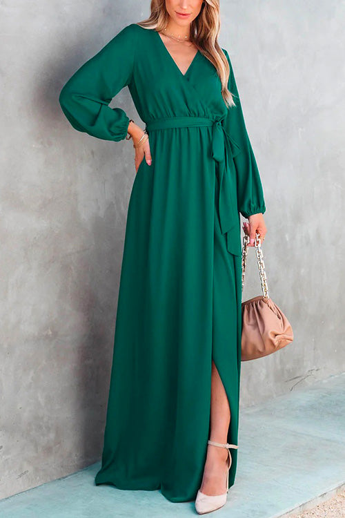Priyavil Wrap V Neck Long Sleeve Tie Waist Slit Maxi Dress