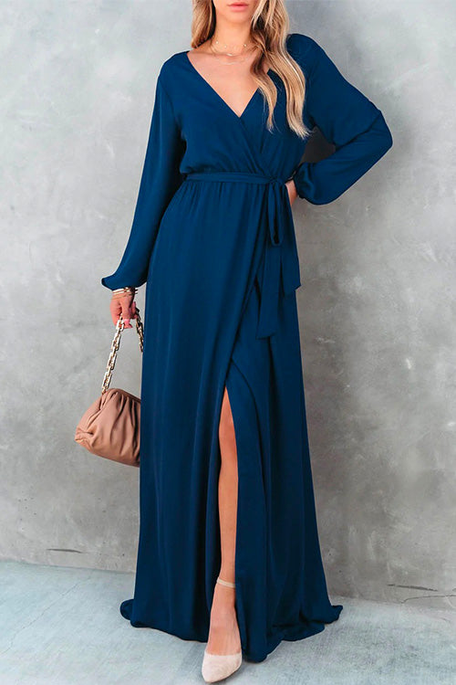Priyavil Wrap V Neck Long Sleeve Tie Waist Slit Maxi Dress