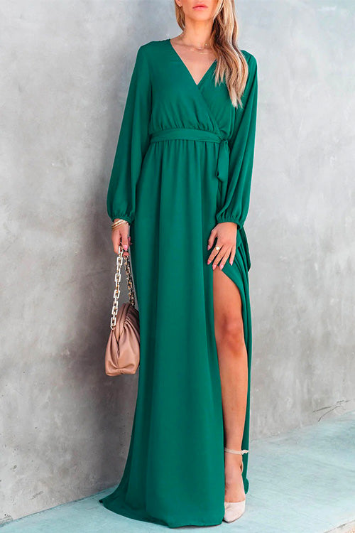 Priyavil Wrap V Neck Long Sleeve Tie Waist Slit Maxi Dress