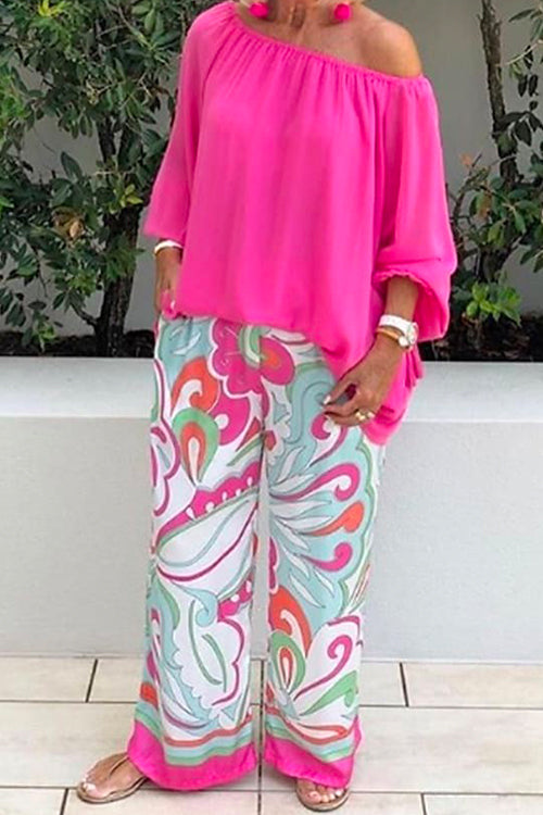 Priyavil Crewneck Long Sleeve T-shirt and Wide Leg Printed Pants Set