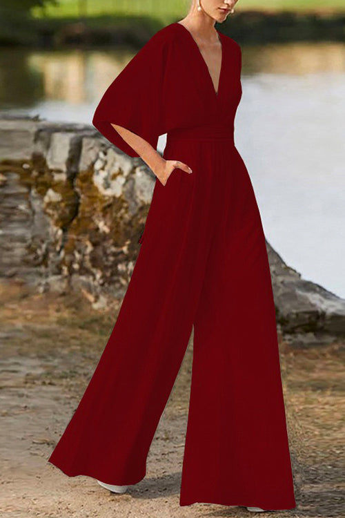 Priyavil Deep V Neck High Waist Wide Leg Jumpsuit