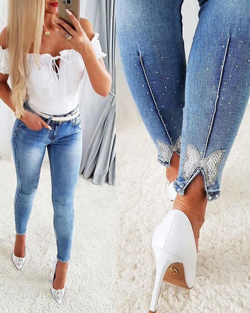 Priyavil Beaded Butterfly Distressed Skinny Denim Pants