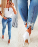 Priyavil Beaded Butterfly Distressed Skinny Denim Pants