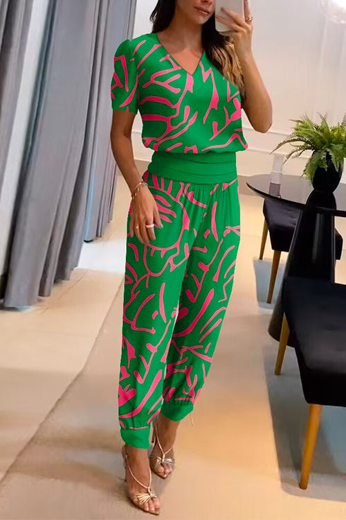 Priyavil V Neck Short Sleeve Tunic Top High Waist Harem Joggers Printed Set