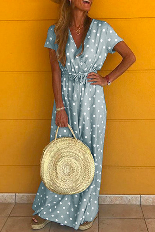 Priyavil V Neck Short Sleeve Tie Waist Polka Dot Maxi Holiday Dress