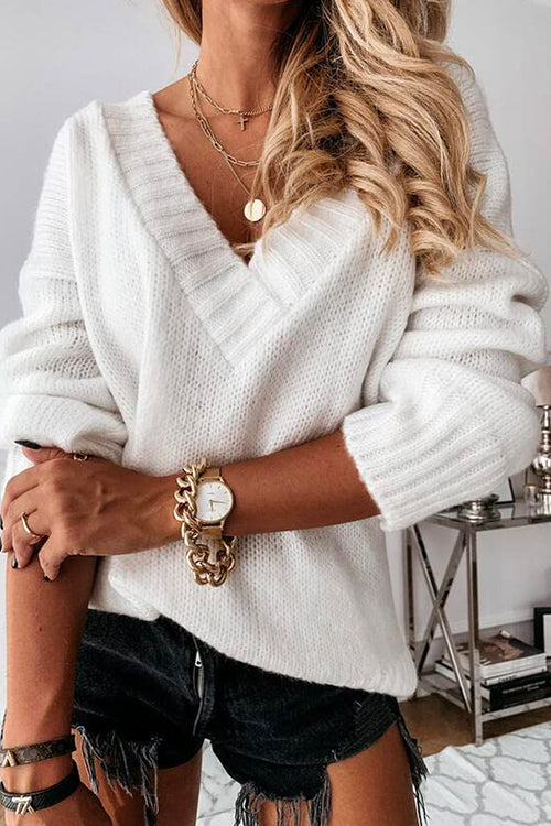 Priyavil Solid V Neck Drop Shoulder Knit Sweater