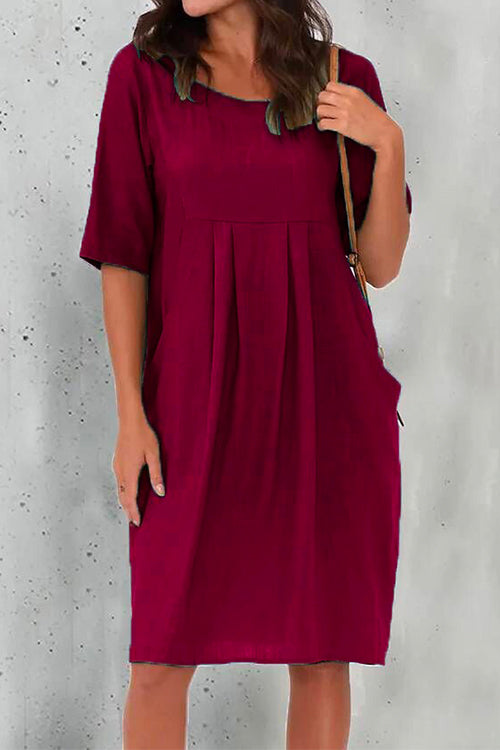 Priyavil Half Sleeve Ruched Shift Cotton Linen Dress