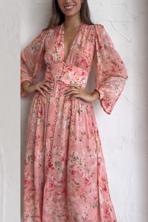 Priyavil V Neck Button Up Waisted Floral Midi Swing Dress