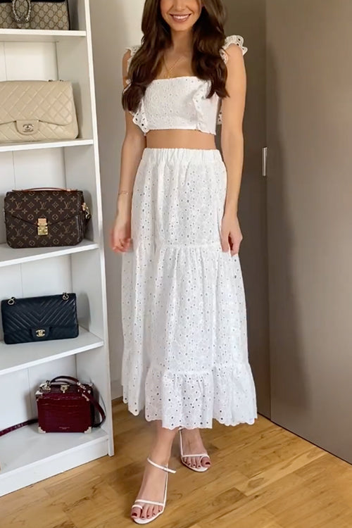 Priyavil Elastic Waist Lace Hollow Out Ruffle Midi Skirt