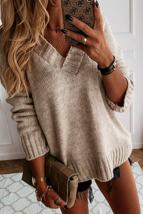Priyavil Solid V Neck Drop Shoulder Knit Sweater