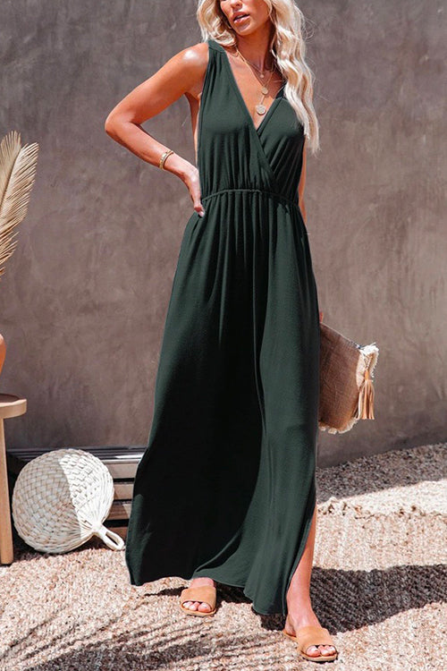 Priyavil Sleeveless V Neck Side Split Solid Maxi Sundress