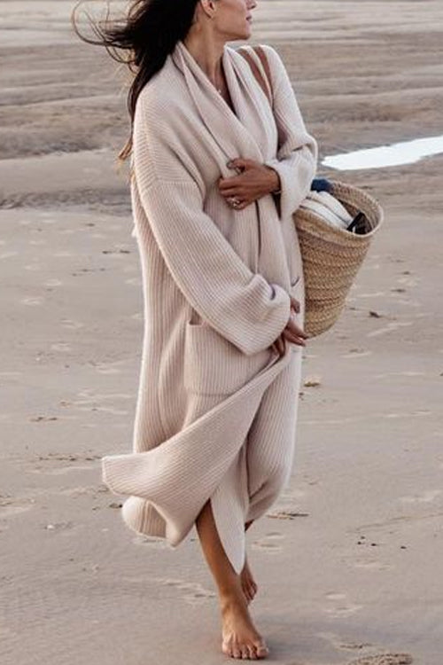 Priyavil Open Front Pockets Ribbed Knit Long Slweater Cargigan