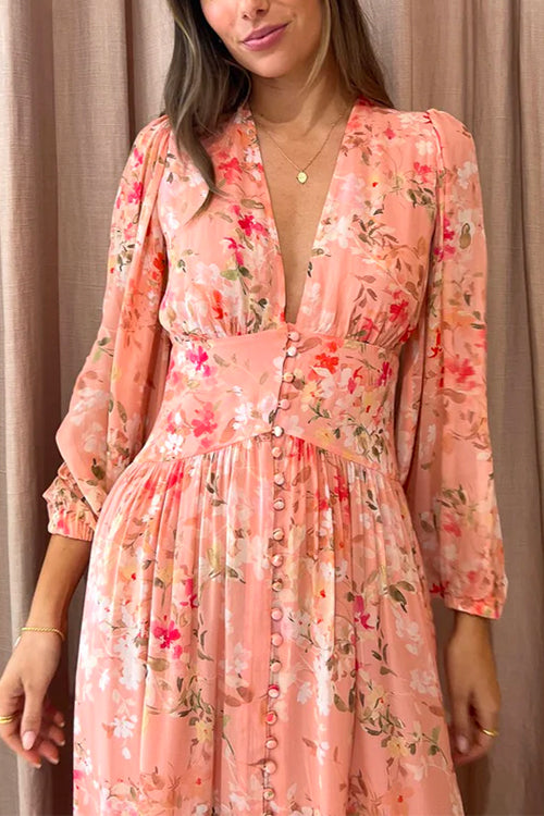Priyavil V Neck Button Up Waisted Floral Midi Swing Dress