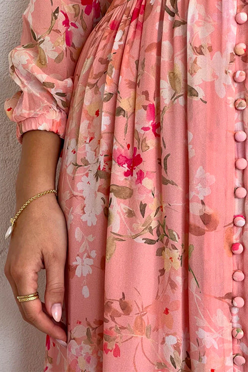 Priyavil V Neck Button Up Waisted Floral Midi Swing Dress