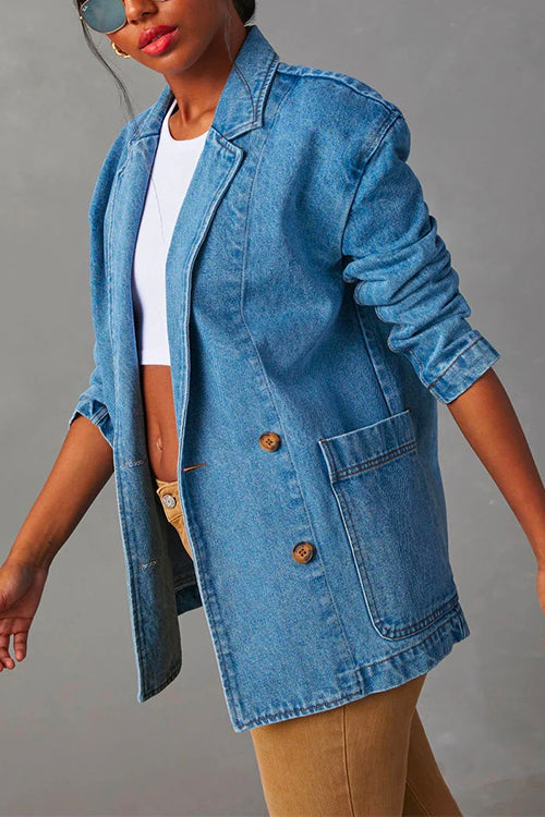 Priyavil Notch Lapel Button Front Pocketed Denim Blazer