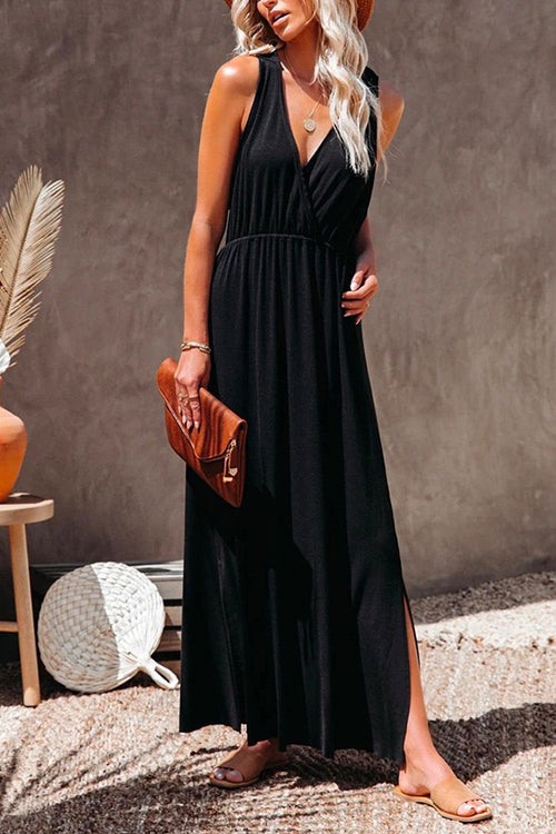 Priyavil Sleeveless V Neck Side Split Solid Maxi Sundress