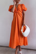 Priyavil V Neck Twist Knot Front Puff Sleeves Cotton Linen Maxi Dress