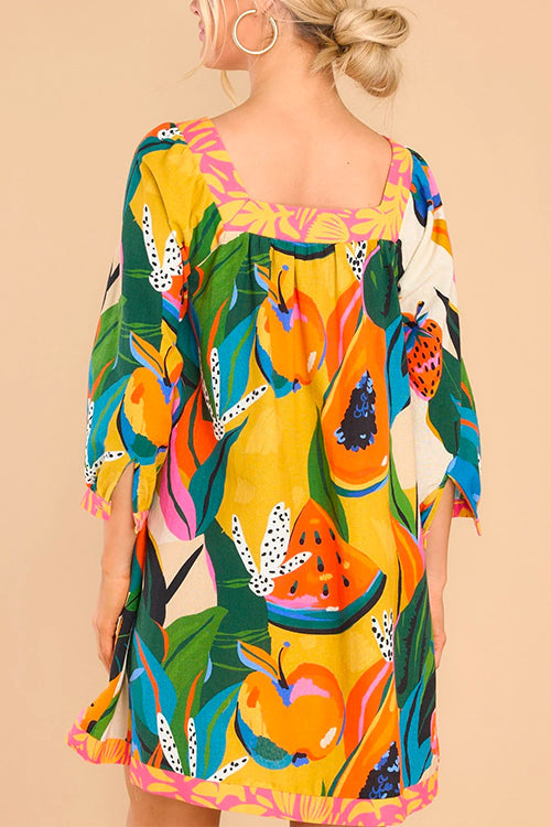 Priyavil 3/4 Sleeves Tropic Print Cotton Linen Dress