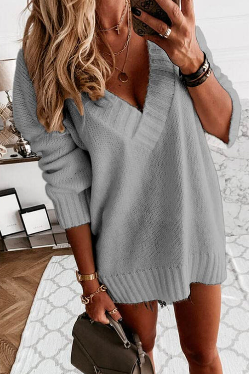 Priyavil Solid V Neck Drop Shoulder Knit Sweater